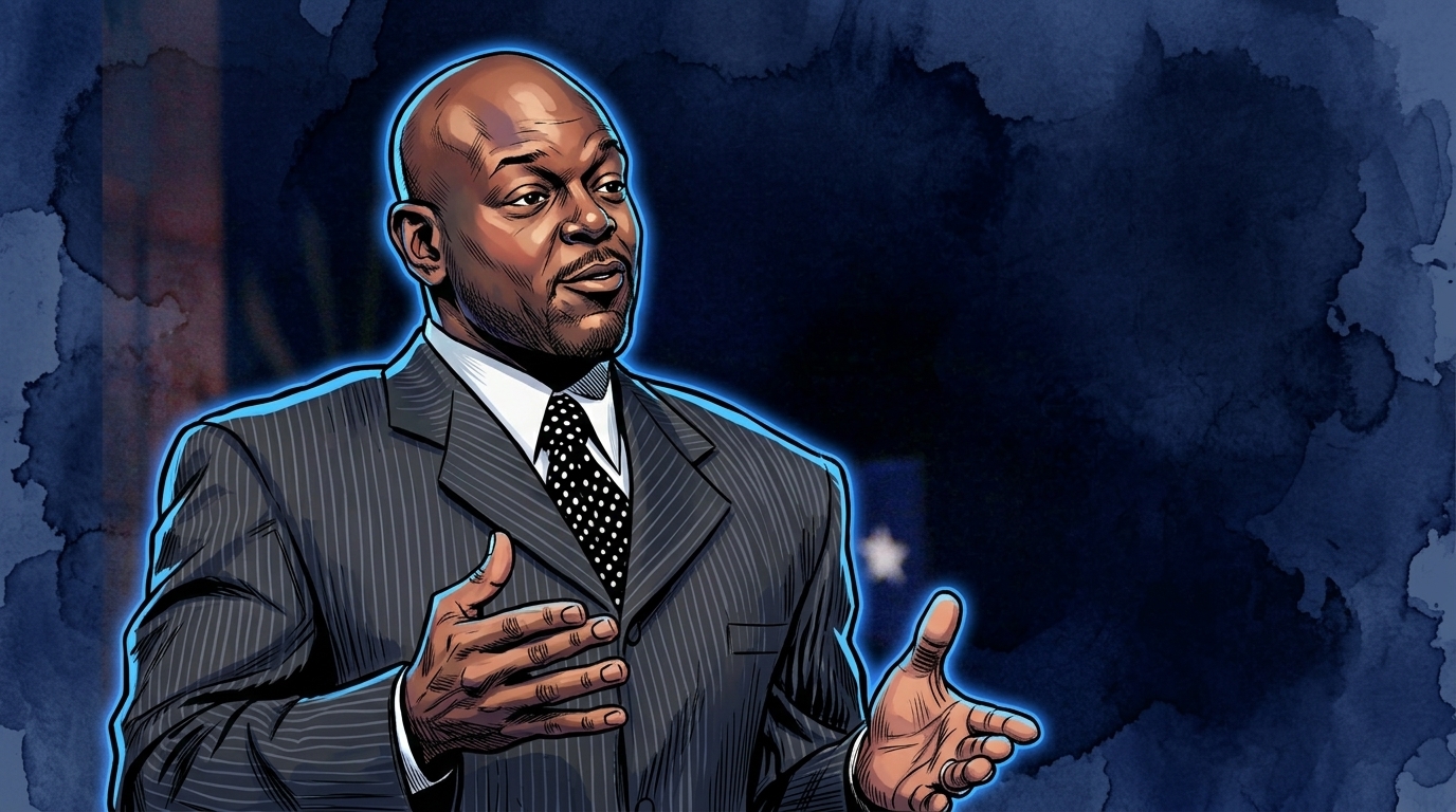 Comic-style illustration of Emmitt Smith in a dark pinstripe suit and polka-dot tie, speaking and gesturing, rendered with a navy ink-wash and watercolor-bleed effect
