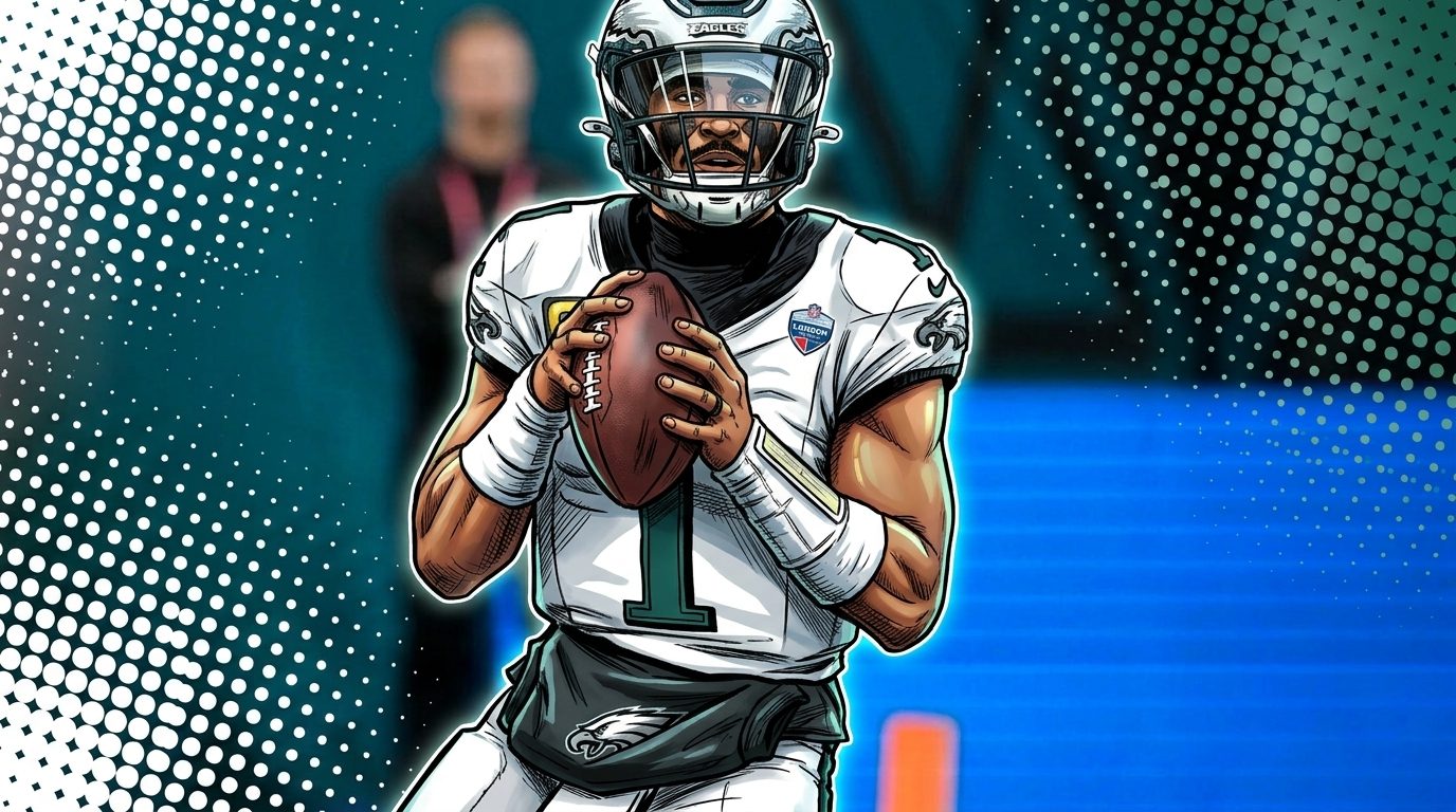 Comic-book style illustration of Jalen Hurts in an Eagles away jersey dropping back to pass