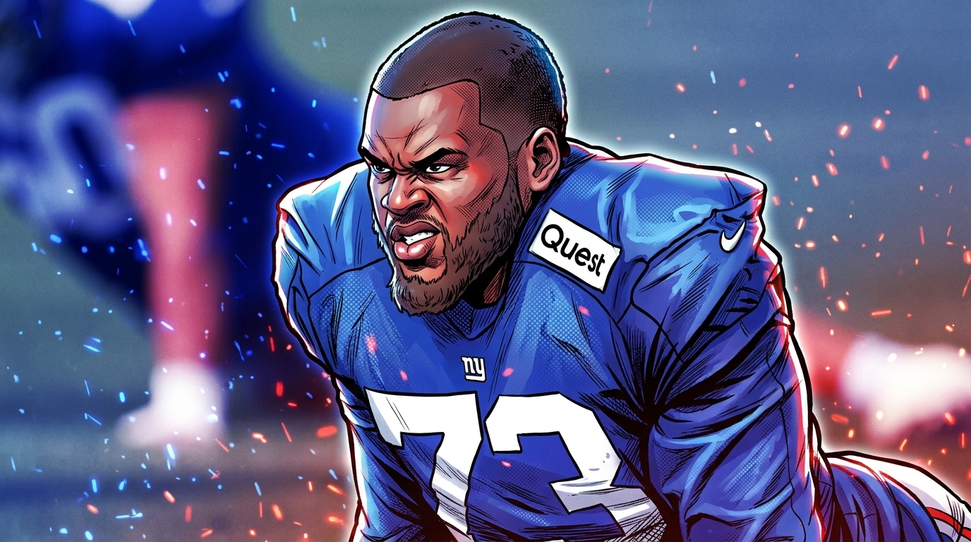Comic-style illustration of Evan Neal in a New York Giants practice jersey, number 73, in a blocking stance with a particle-field ember effect and blue-and-red color wash