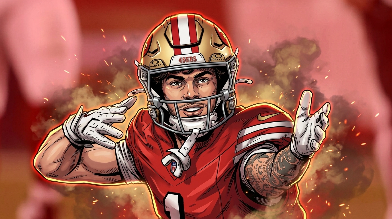 Comic-style illustration of a San Francisco 49ers player