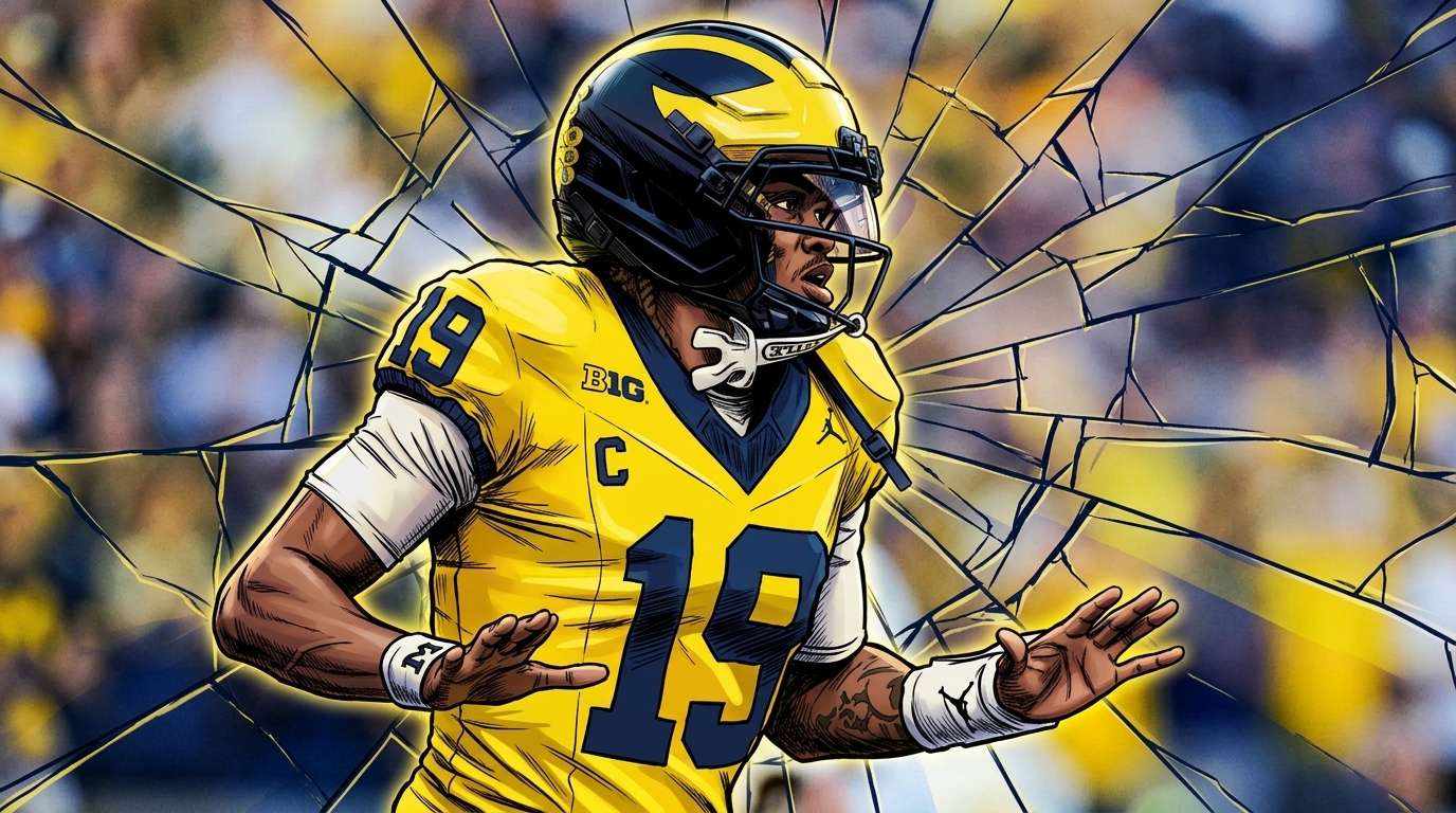 Comic-style illustrated portrait of Michigan Wolverines quarterback Bryce Underwood in his maize No. 19 jersey and winged helmet, cel-shaded with a shattered-glass effect radiating behind him and a blurred stadium crowd in the background.