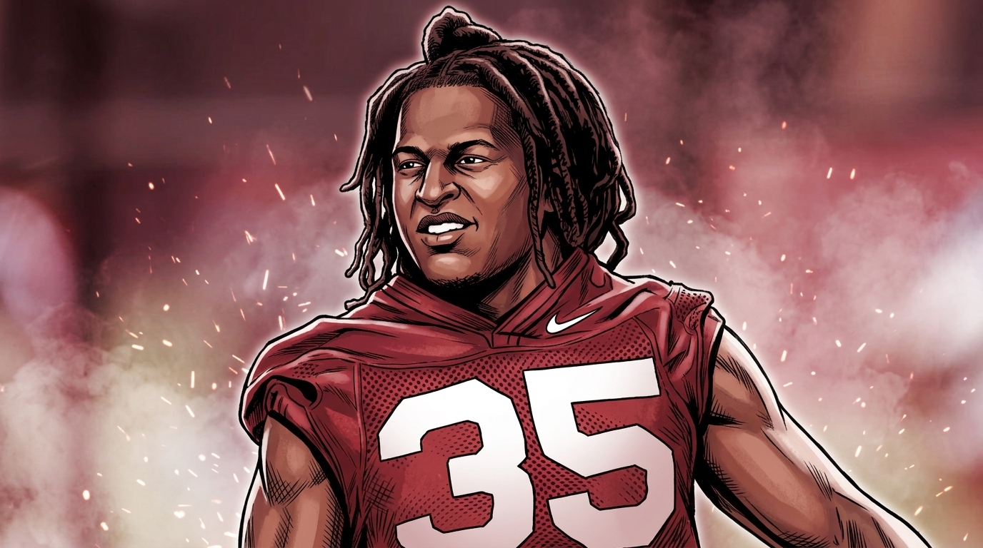 Comic-style illustration of Florida State linebacker Ethan Pritchard in his garnet #35 practice jersey