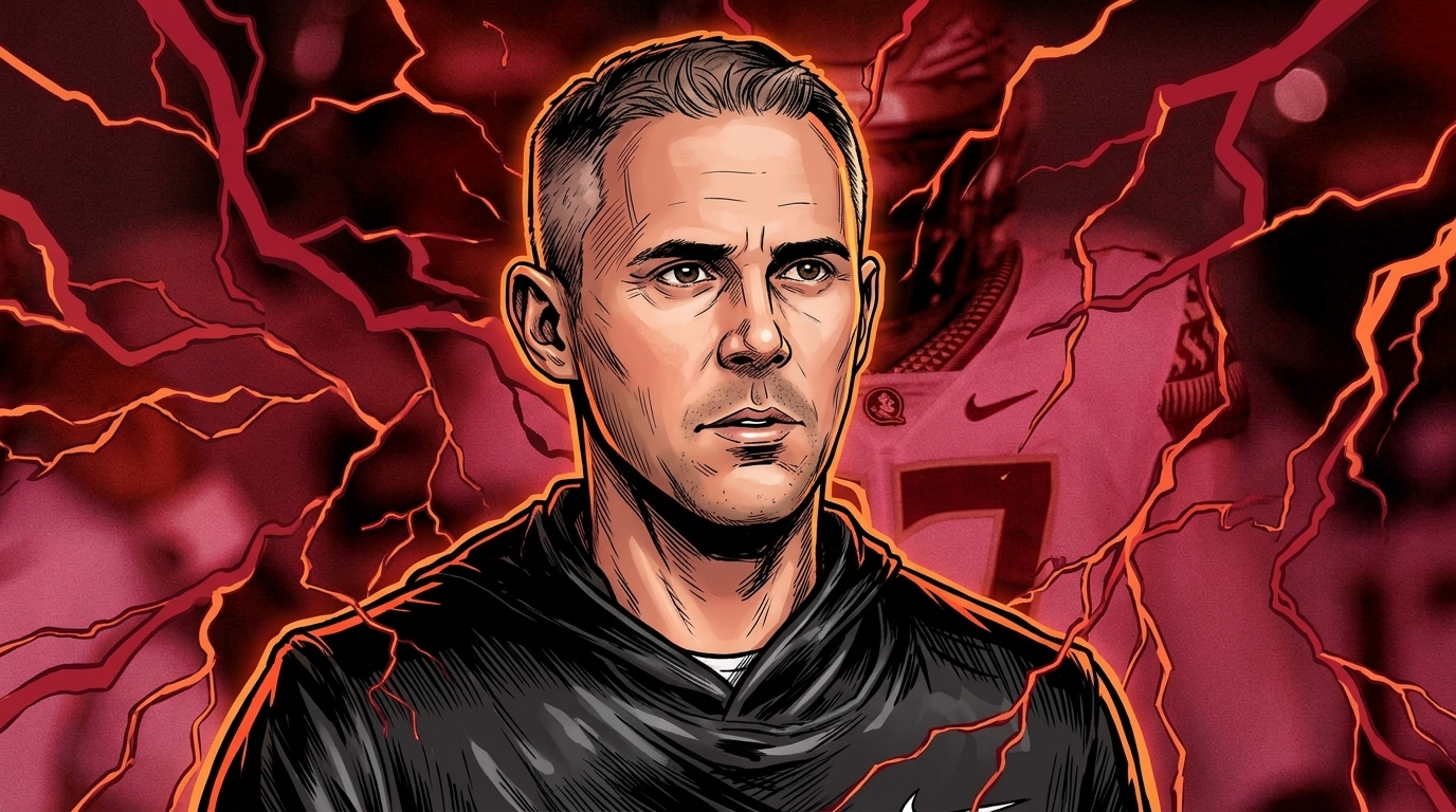 Comic-style illustration of Florida State head coach Mike Norvell in a black quarter-zip, storm and lightning effect over a photographic stadium tunnel background with teammates in garnet jerseys