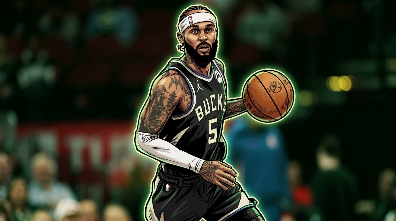 Comic-style illustration of Gary Trent Jr. dribbling in a black Milwaukee Bucks jersey with a neon rim glow effect over a blurred arena background