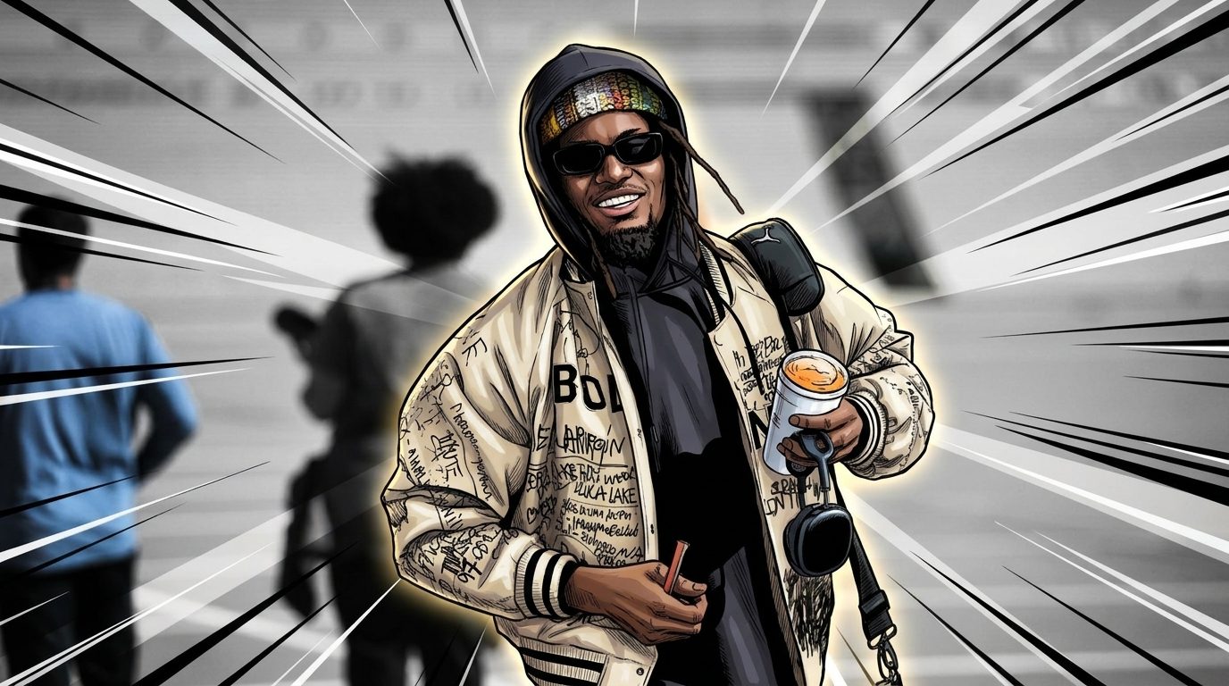 Comic-style illustration of George Pickens in a graffiti-print bomber jacket, geometric light-streak effect