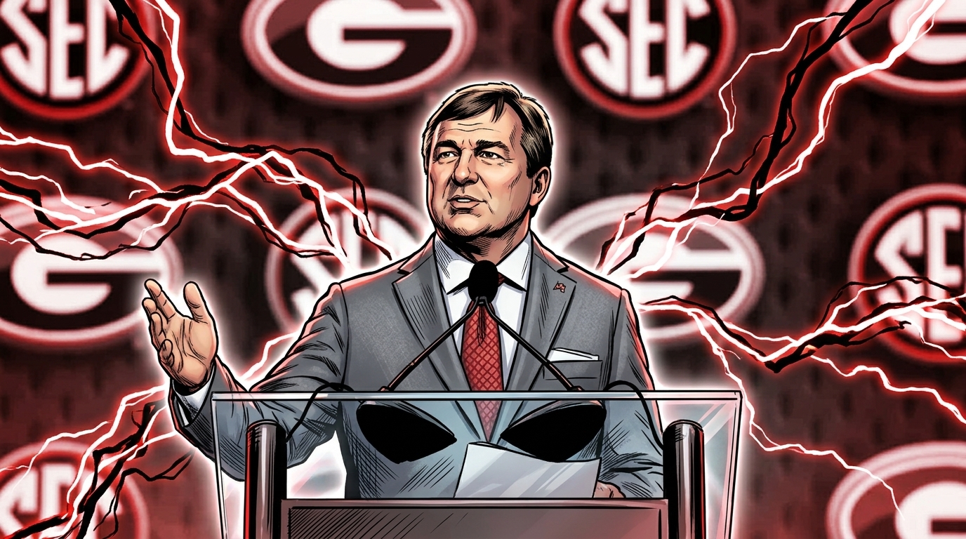 Comic-style illustration of Georgia head coach Kirby Smart in a gray suit and red tie at a podium, electric energy effect over a Georgia and SEC branded backdrop