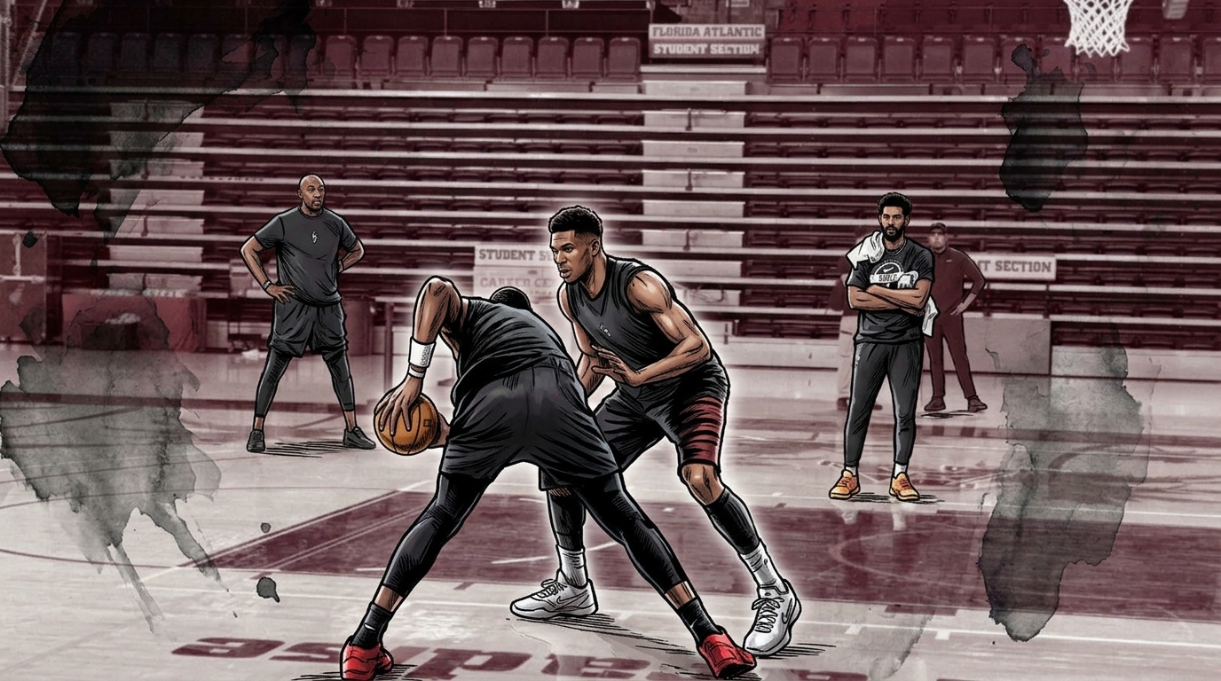 Comic-style illustration of Giannis Antetokounmpo smiling behind a podium microphone at Miami Heat media day, wearing a maroon and gray striped polo with Heat and Kaseya branding visible behind him