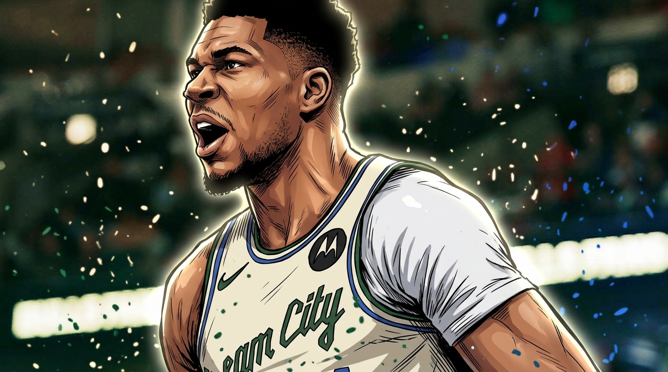 Giannis Antetokounmpo Milwaukee Bucks Dream City jersey comic book particle field embers