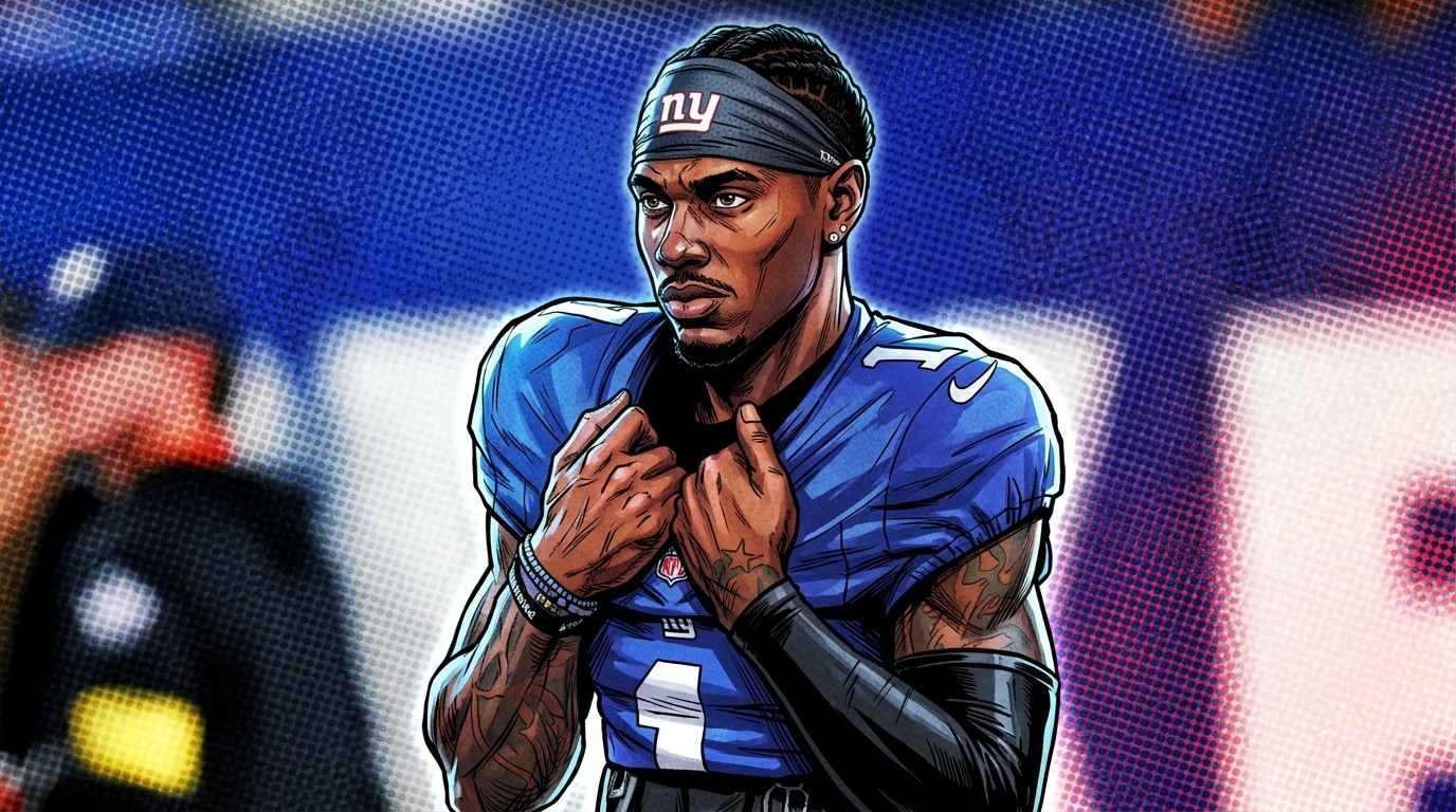 Comic-style illustration of Giants wide receiver Malik Nabers in his blue home jersey and ny-branded headband, calm sideline pose adjusting his jersey collar, blue-red-white halftone dot effect against a color-tinted stadium background