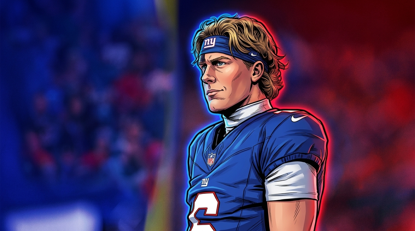 Comic-style illustration of Giants quarterback Jaxson Dart in his blue home jersey on the sideline, blue and red neon rim glow effect against a color-tinted crowd background