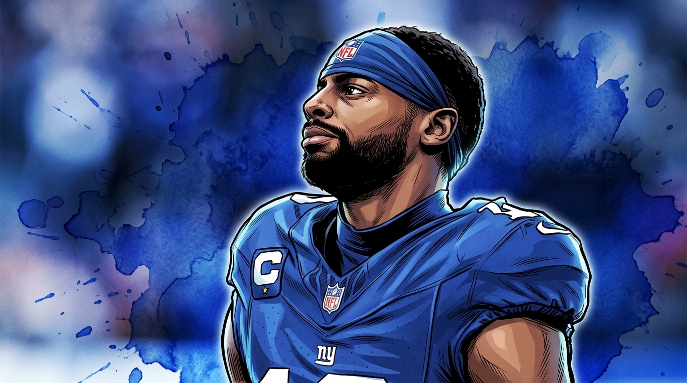 Comic-style illustration of New York Giants wide receiver Darius Slayton in his blue home jersey with captain's C patch and blue headband, ink wash watercolor effect over a blurred stadium crowd background