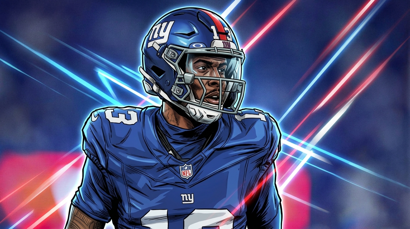 Comic-style illustration of New York Giants wide receiver Odell Beckham Jr. in his blue home jersey and helmet, blurred MetLife Stadium background with blue and red geometric light-streak energy effect radiating behind him, Swipe Sports