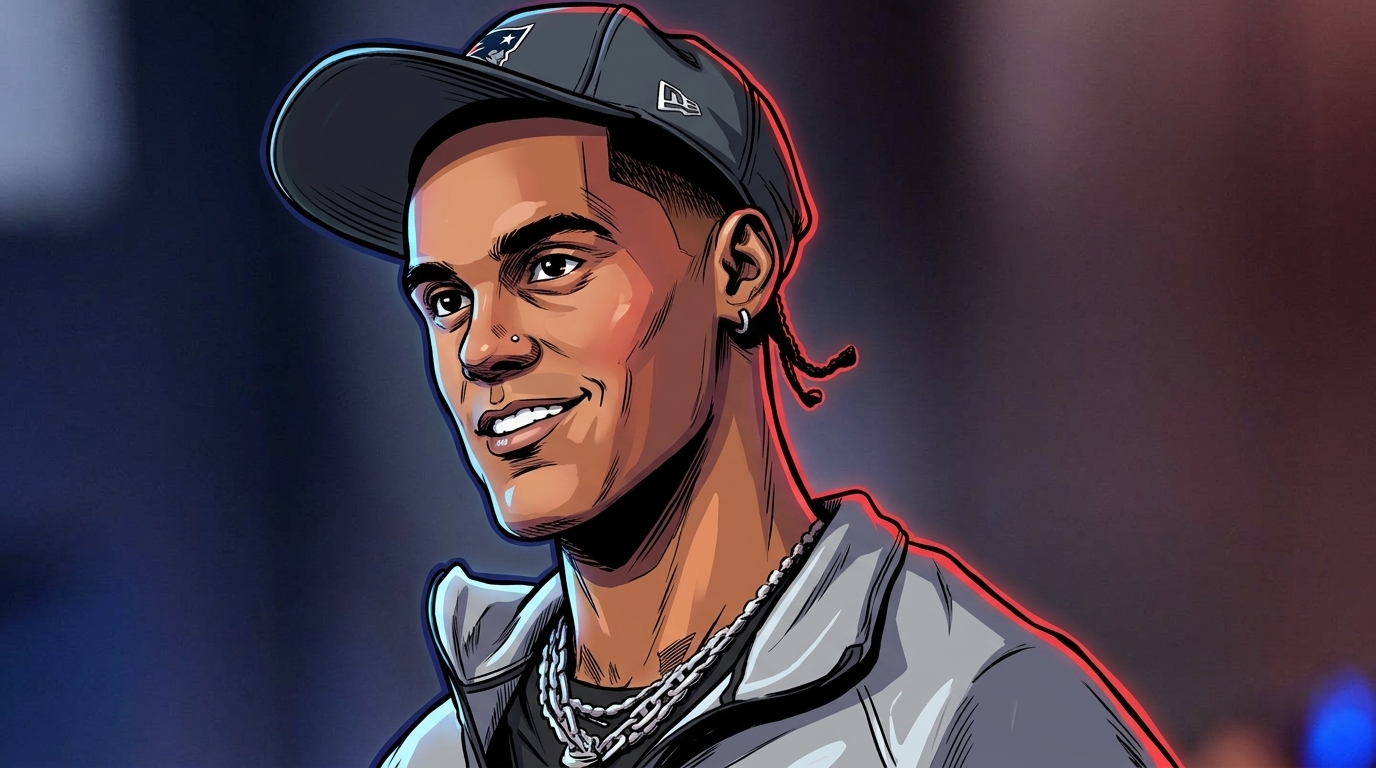 Comic-style illustration of New England Patriots cornerback Christian Gonzalez in a Patriots cap, neon rim-glow effect over a blurred stadium background