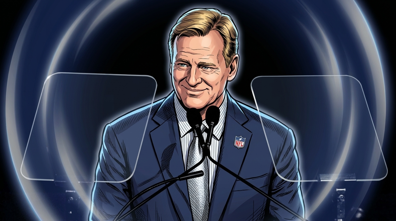 Comic-style rendering of Roger Goodell in a navy suit speaking at a podium, blue shockwave ring effect over a dark stage backdrop