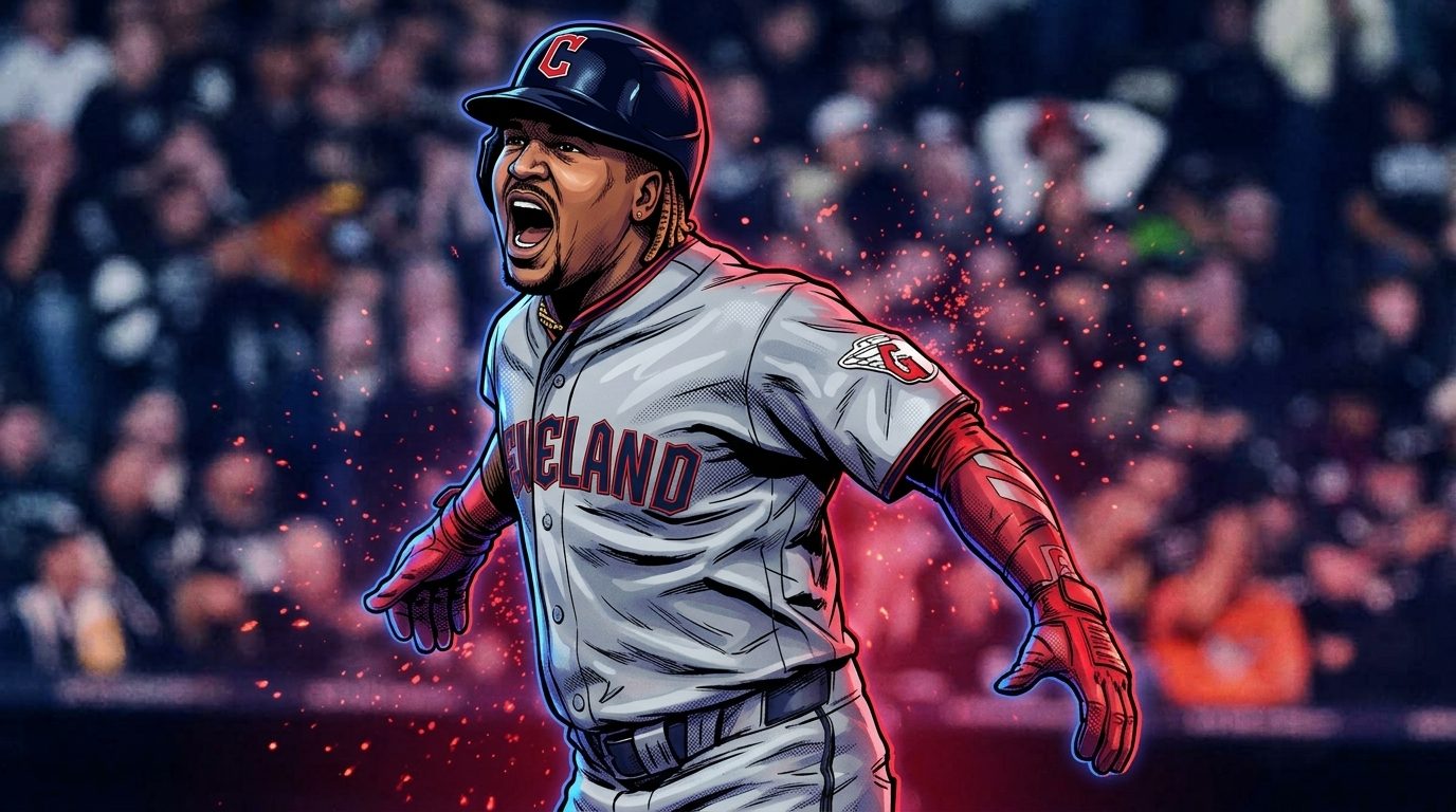 Comic-style illustration of Jose Ramirez in Cleveland Guardians gray road jersey celebrating with a shout, neon rim glow effect in red and blue over a blurred stadium crowd background -- editorial image for ALDS Game 5 coverage.