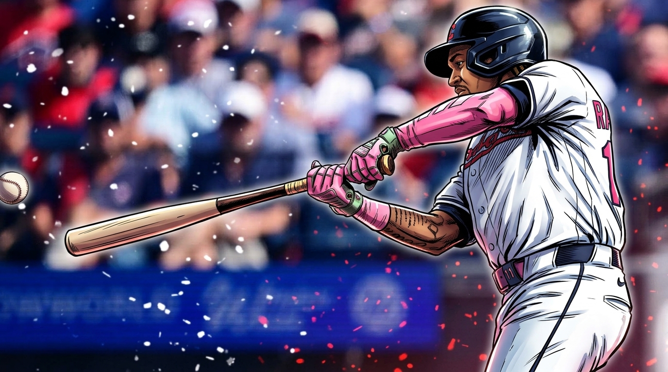 Comic-style illustration of Jose Ramirez mid-swing in a Cleveland Guardians home uniform, pink particle effects trailing the bat, blurred stadium crowd in the background