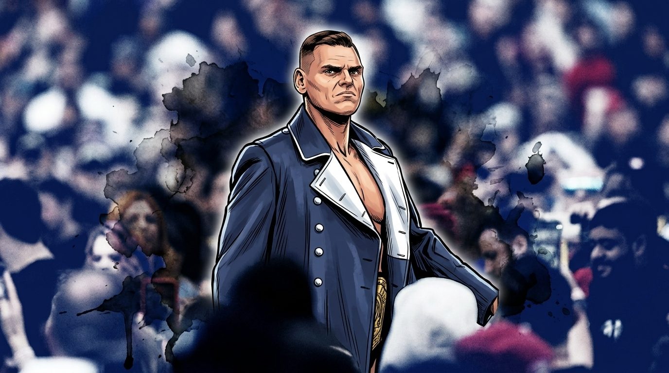 Comic-style illustration of Gunther in his dark entrance coat walking through a blurred arena crowd, ink wash and watercolor bleed effects