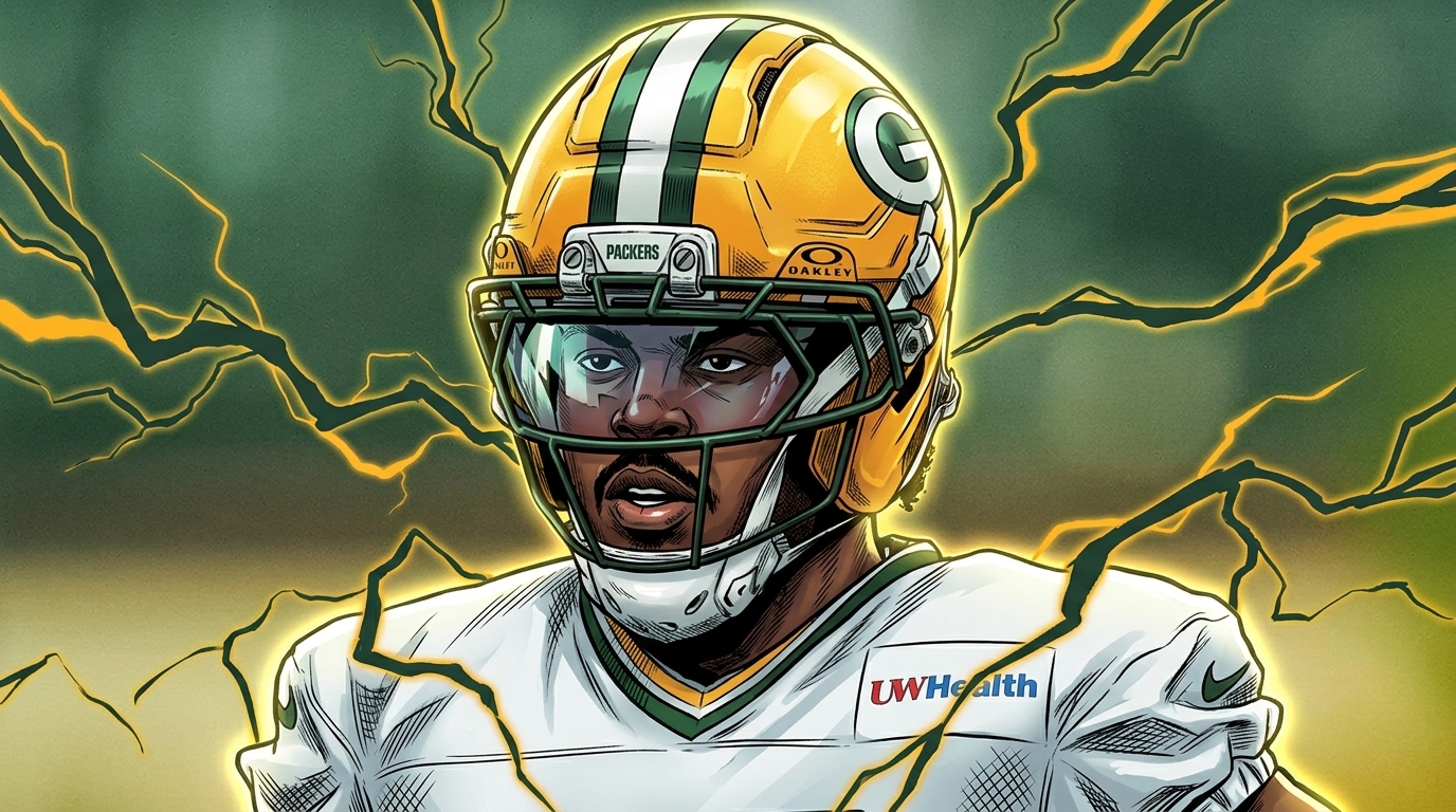 Josh Jacobs in Packers helmet and jersey, comic-style electric energy effect
