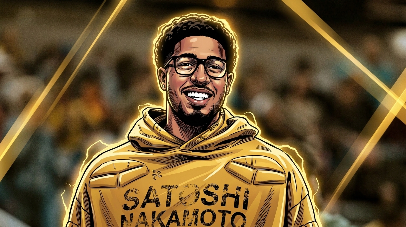 Comic-style illustration of Tyrese Haliburton in a gold hoodie and glasses, smiling, with geometric gold light streaks radiating through a blurred arena crowd background
