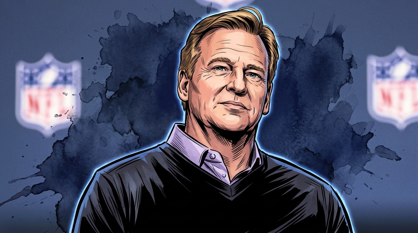 Comic-style illustration of NFL Commissioner Roger Goodell in a black v-neck sweater against a press-conference backdrop with NFL shield logos, navy blue ink-wash watercolor bleed effect