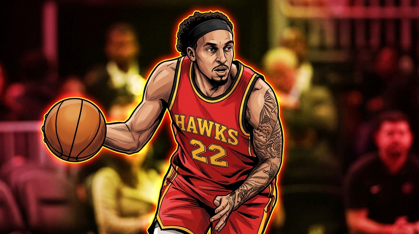 Comic-style illustration of Devin Carter dribbling in a red Atlanta Hawks jersey, number 22, with a neon rim glow effect over a red-tinted arena background
