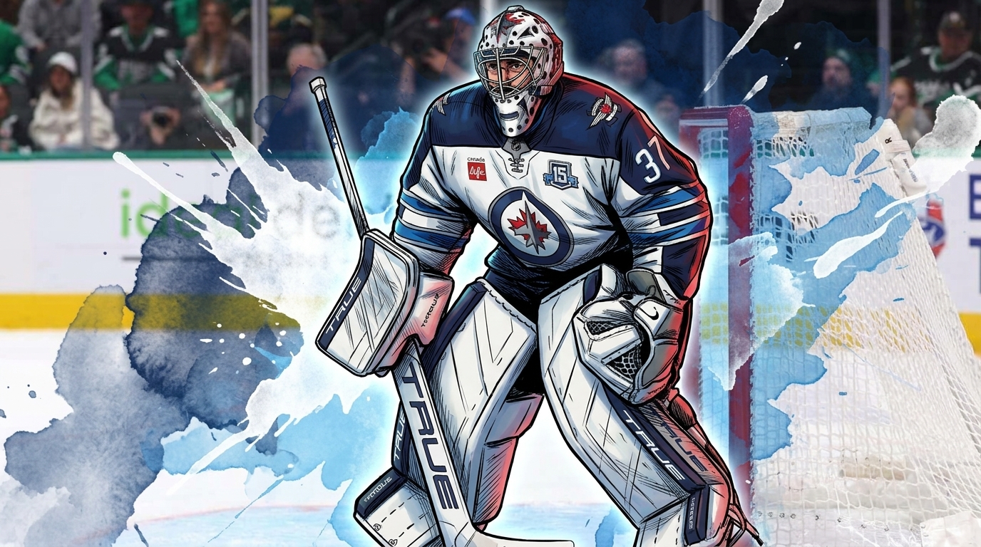 Connor Hellebuyck of the Winnipeg Jets in comic-book illustration style with an ink wash / watercolor bleed effect, Swipe Sports