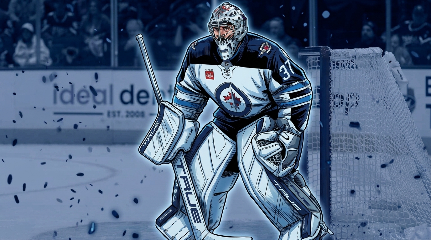 Comic-style illustration of Winnipeg Jets goalie Connor Hellebuyck in his white and navy away jersey and mask, set in his crease with blurred road-arena crowd background, blue particle field / floating embers effect drifting around him, Swipe Sports