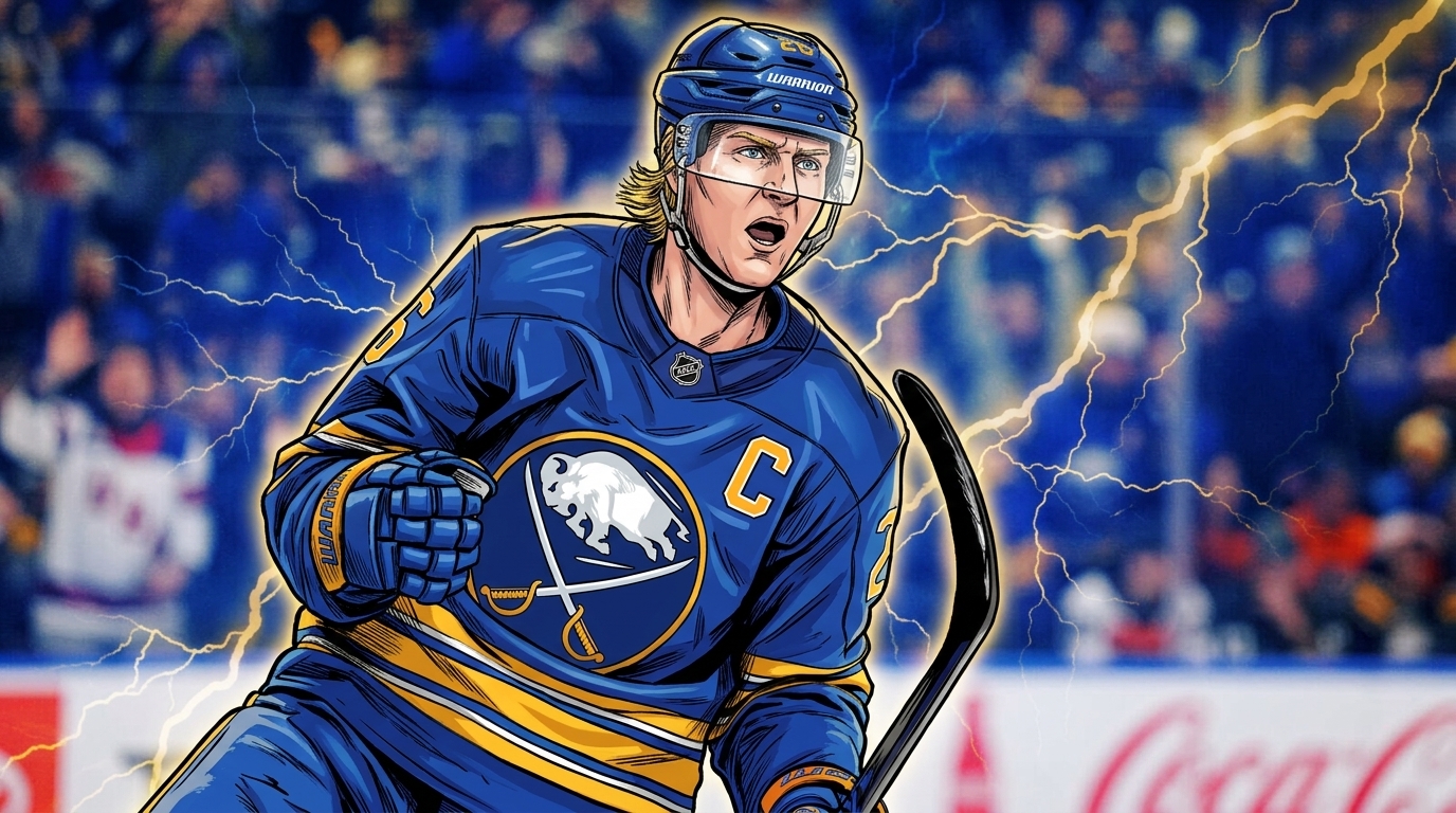 Rasmus Dahlin of the Buffalo Sabres in comic-book illustration style with a storm and lightning effect, Swipe Sports