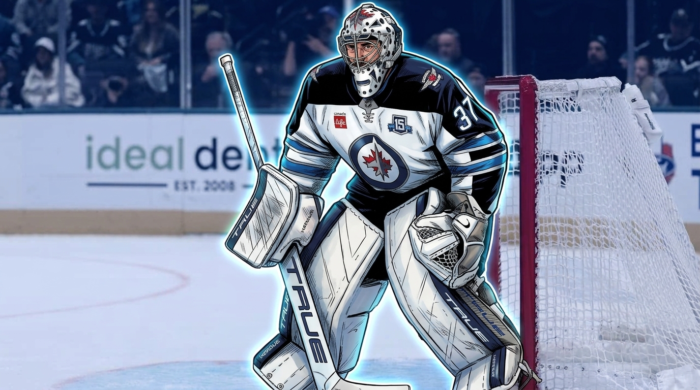 Comic-style illustration of Winnipeg Jets goalie Connor Hellebuyck in his white and navy road jersey and mask, outlined in a glowing neon-blue rim light, standing in the crease in front of the net during a road game.