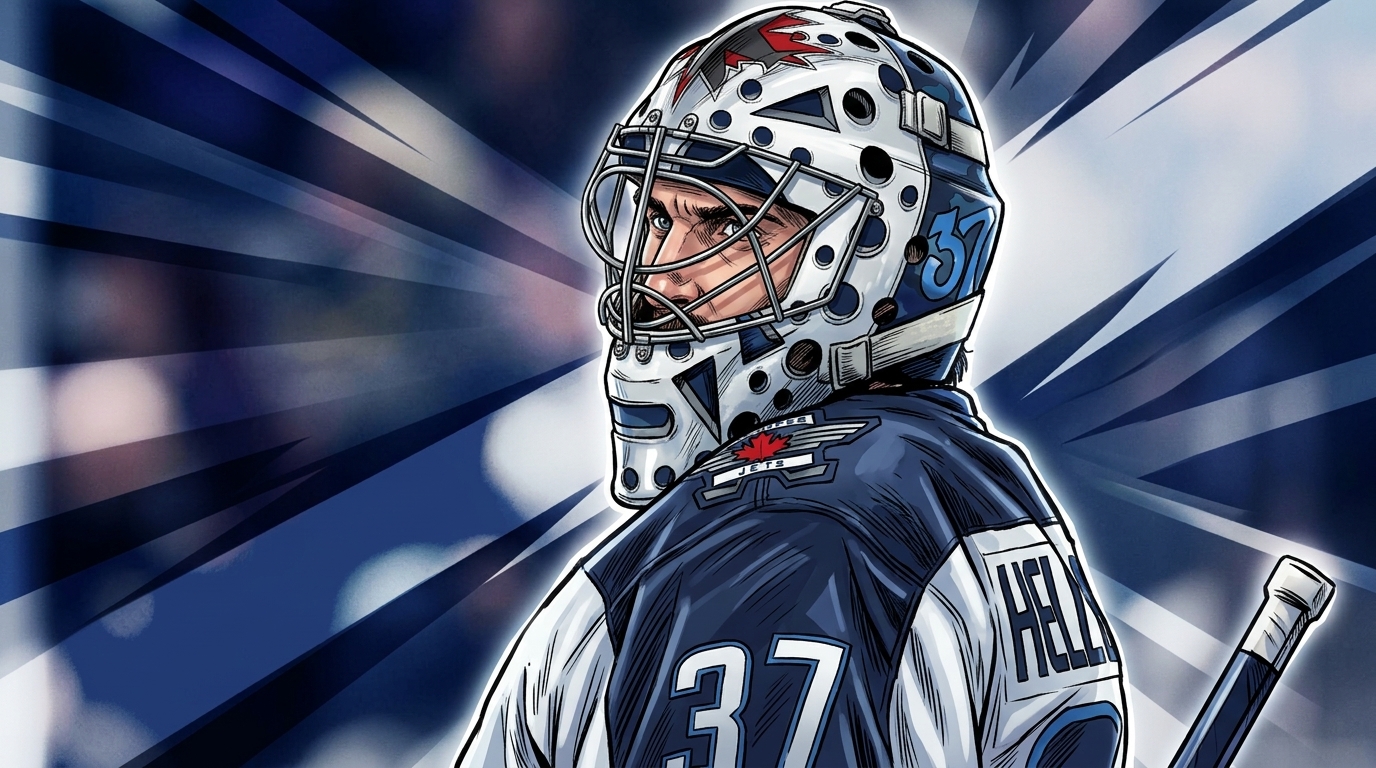 Comic-style illustration of Winnipeg Jets goalie Connor Hellebuyck in his white and navy road jersey and mask, blurred arena crowd background with navy geometric light-streak energy effect radiating behind him, Swipe Sports