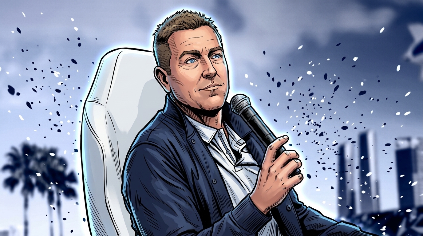 Comic-style illustration of ESPN's Kirk Herbstreit in a navy quarter-zip, seated in a white chair and holding a microphone, blue-tinted outdoor backdrop of palm trees and city towers with dark particle effects drifting through the frame.