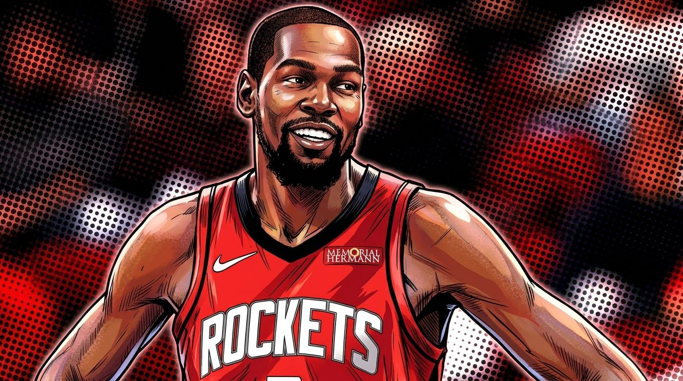 Comic-style illustration of Kevin Durant in a Houston Rockets jersey