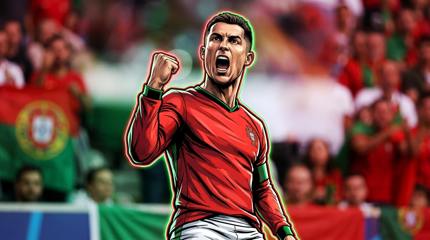 Cristiano Ronaldo in Marvel comic art style celebrating with neon rim glow effect — Swipe Sports