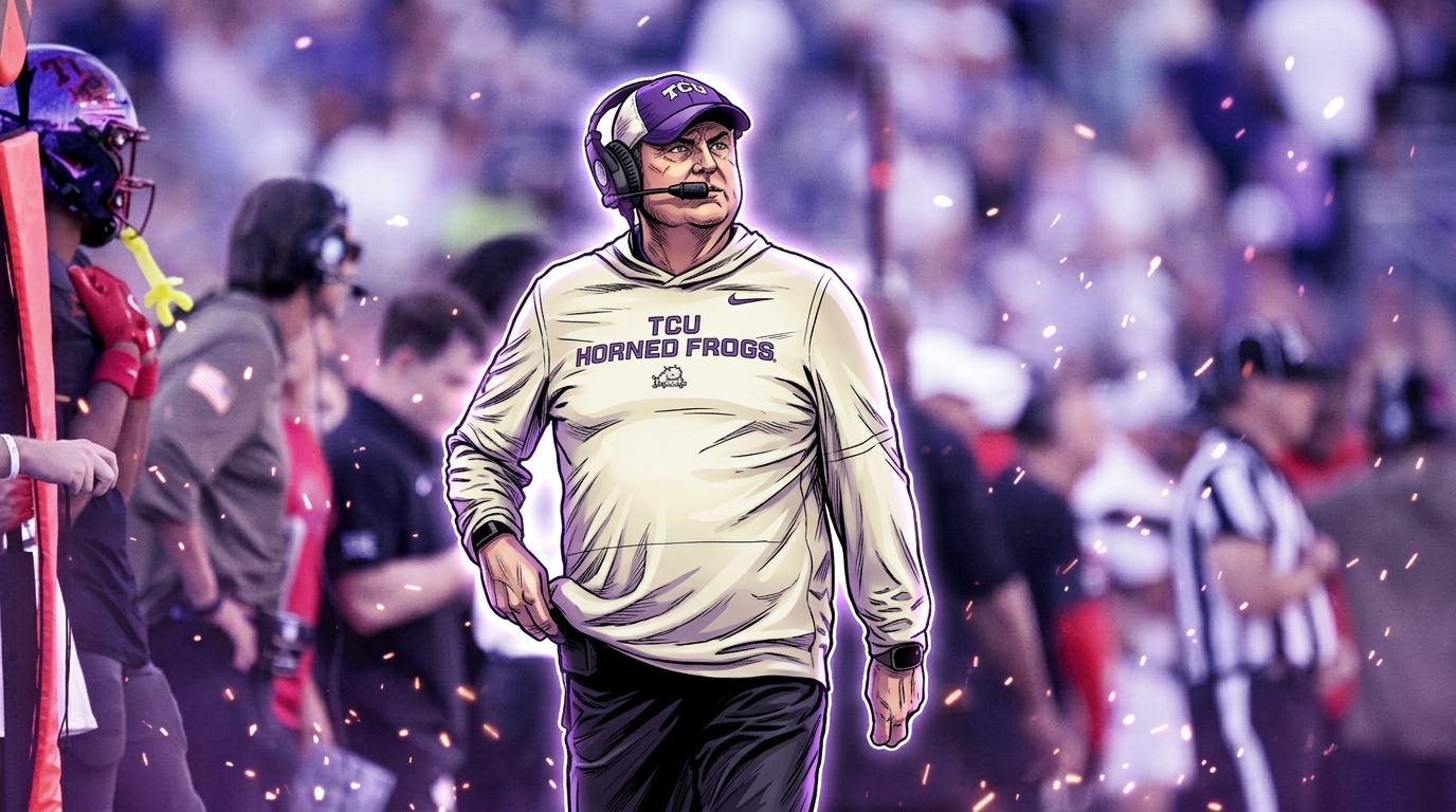 Comic-style illustration of TCU head coach Sonny Dykes on the sideline in a purple particle-field effect, Swipe Sports