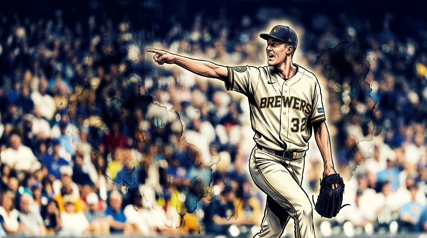 Comic-style illustration of Jacob Misiorowski pointing and shouting in his Brewers uniform after a pitch, blurred stadium crowd behind him