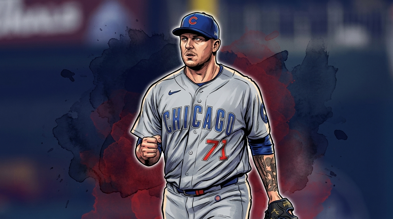 Comic-style illustration of Chicago Cubs closer Jacob Webb in a grey road jersey and navy cap fist-pumping, ink wash and watercolor bleed effect against a blurred stadium background