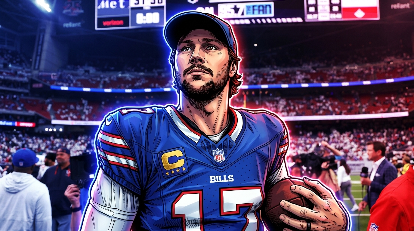 Comic-style illustration of Buffalo Bills quarterback Josh Allen in his home jersey on the sideline