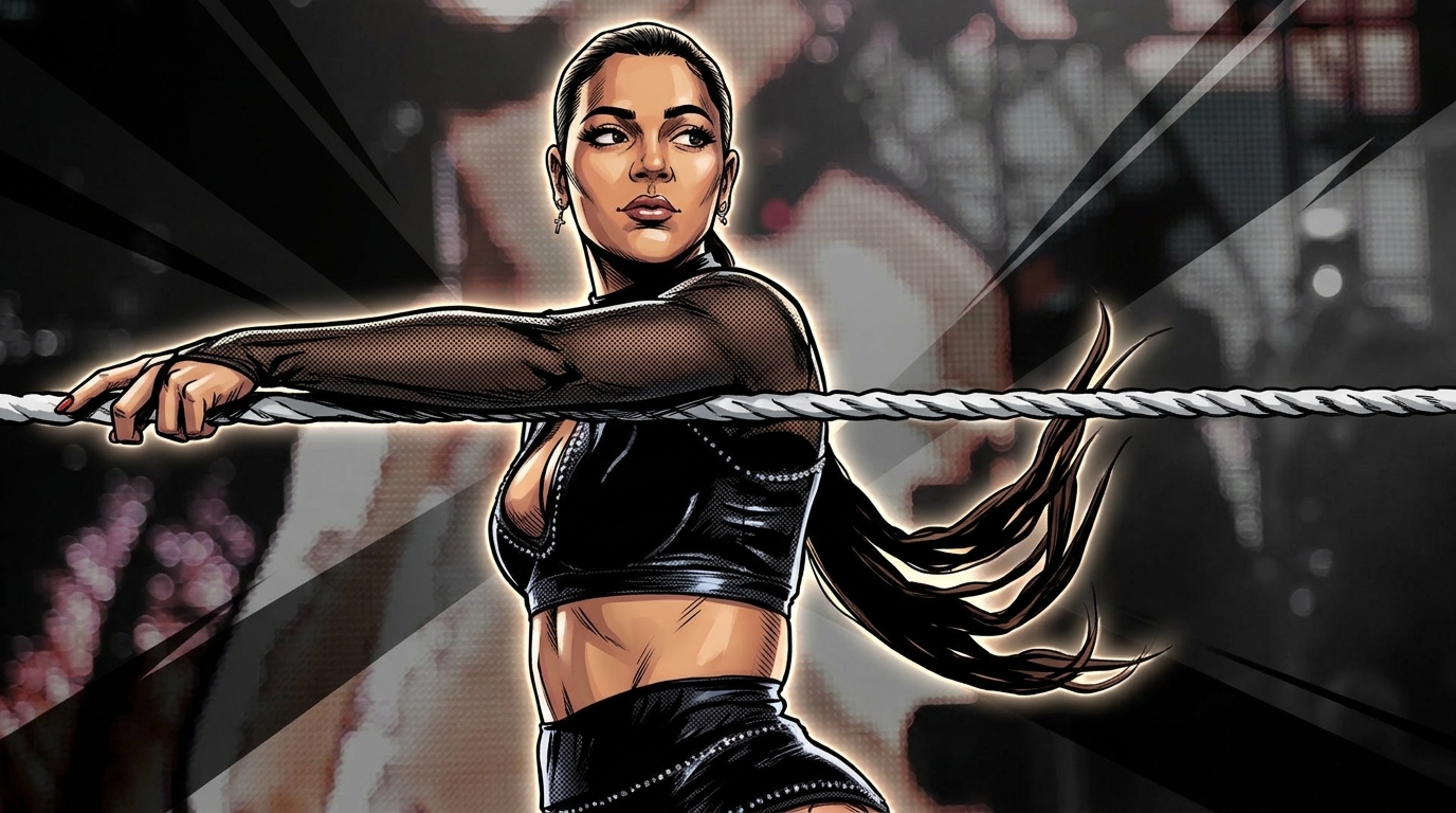 Comic-style illustration of Jaida Parker in black ring gear gripping the top rope, geometric light streak effect against a desaturated WWE arena background