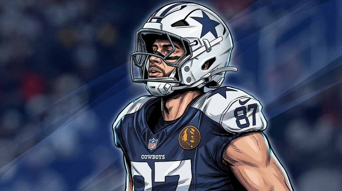 Jake Ferguson, in a comic-style illustration with a geometric light streaks effect, Dallas Cowboys navy jersey number 87 and helmet