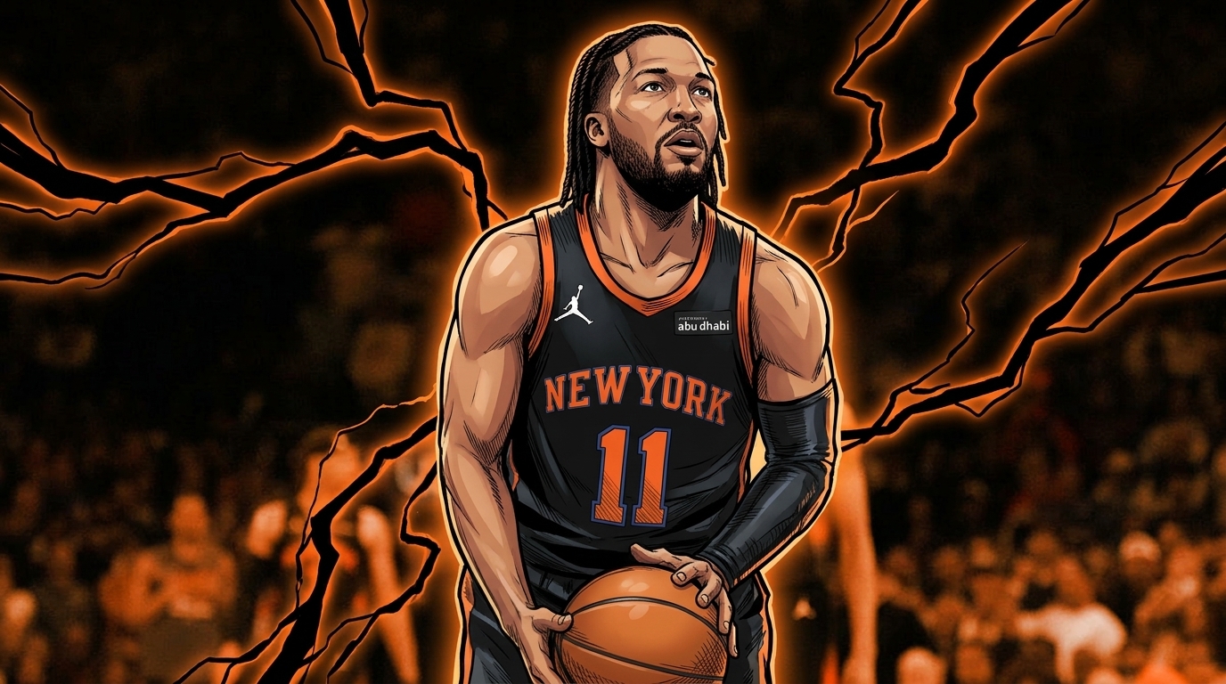 Comic-style illustration of Jalen Brunson at the free-throw line in his black Knicks alternate jersey, electric-energy effect