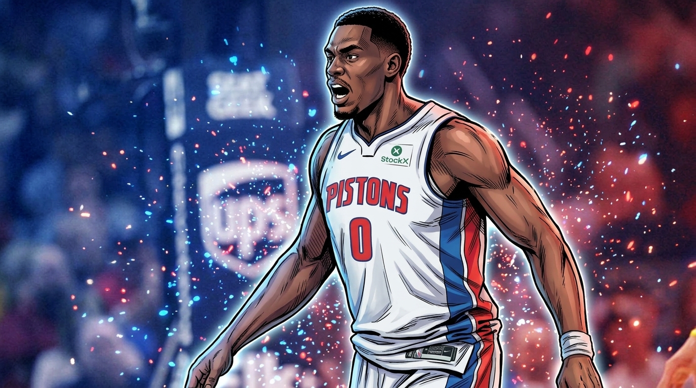 Comic-style illustration of Jalen Duren in a Detroit Pistons jersey reacting on the court, surrounded by a blue and red particle-field effect