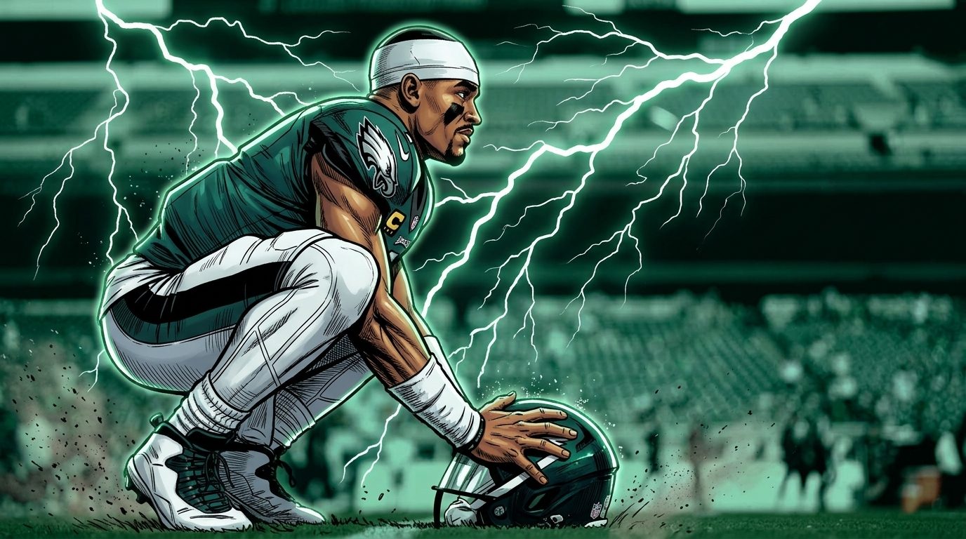 Comic-style illustration of Jalen Hurts crouched over his helmet in an Eagles jersey with lightning crackling across the stadium background