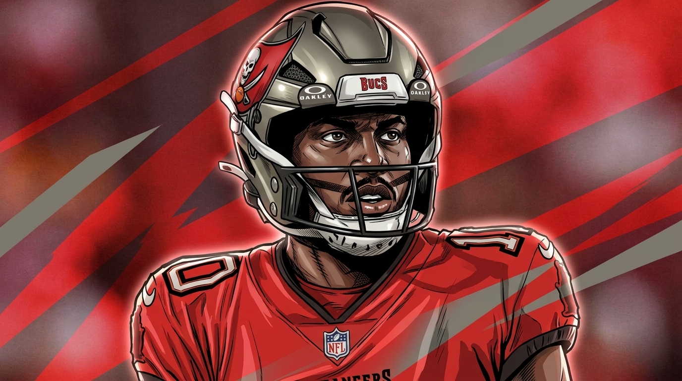 Comic-style illustration of Jalon Daniels in a red Buccaneers home jersey and pewter helmet, geometric light streaks effect radiating behind him against a color-tinted Raymond James Stadium background