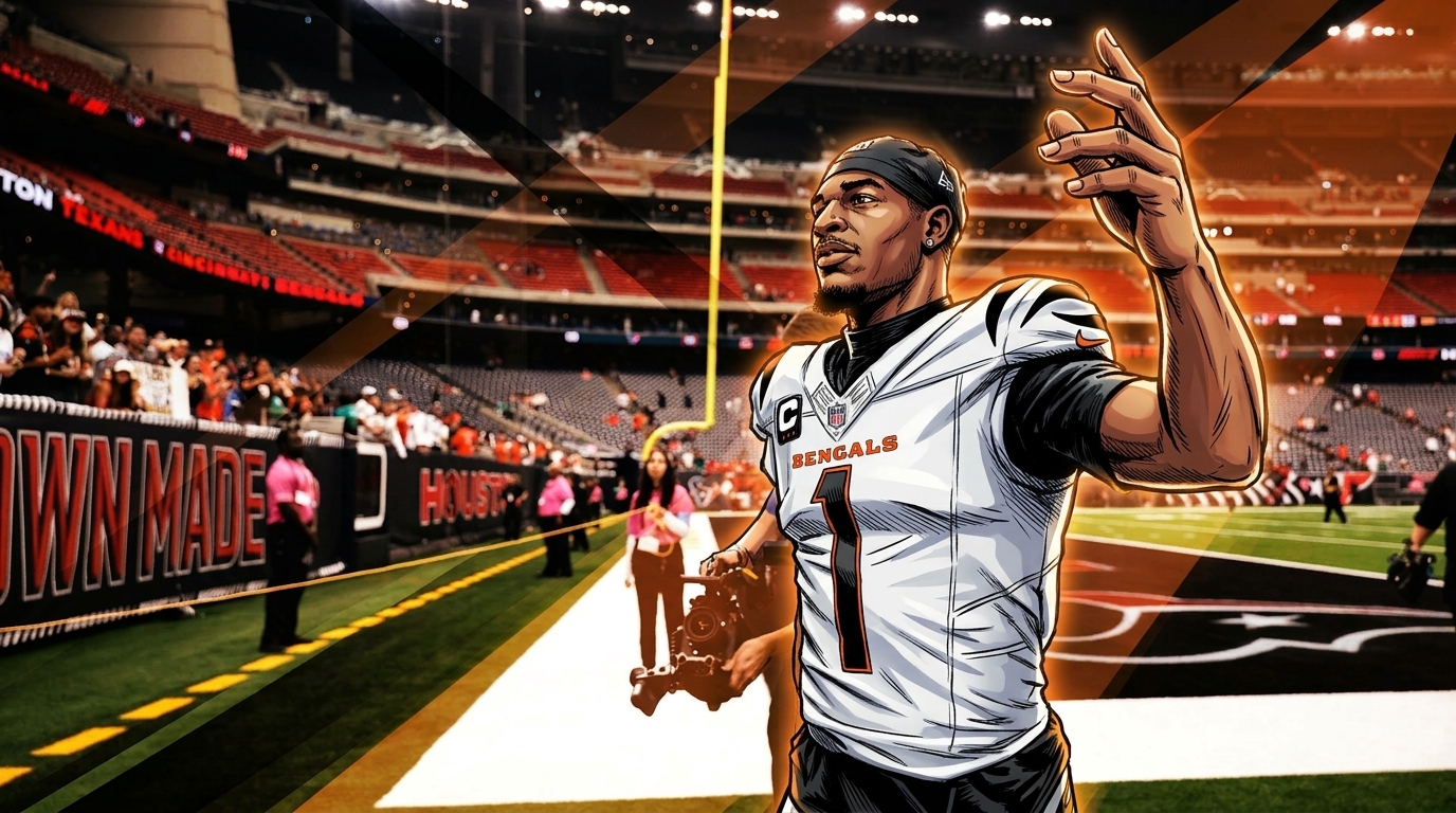 Comic-style illustration of Ja'Marr Chase in a white Bengals jersey waving to the crowd on the sideline, geometric light streak effect in black and orange.