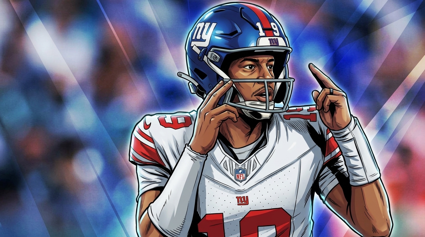 Comic-style illustration of Jameis Winston in a white Giants jersey adjusting his helmet facemask, with a geometric light streak effect against a blurred stadium background