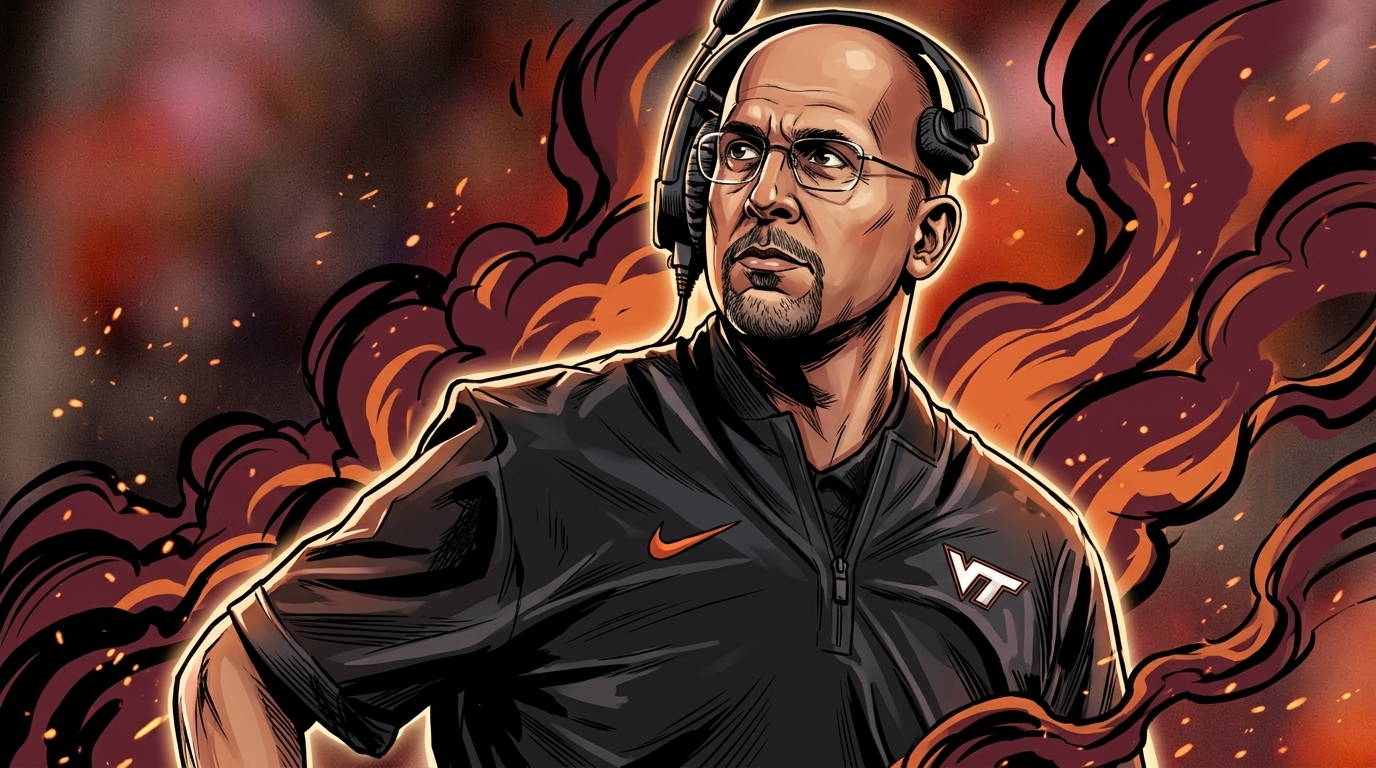 Comic-style illustration of Virginia Tech head coach James Franklin on the sideline in a black quarter-zip with VT and Nike logos, wearing a headset and glasses, dark maroon and orange smoke and sparks swirling behind him