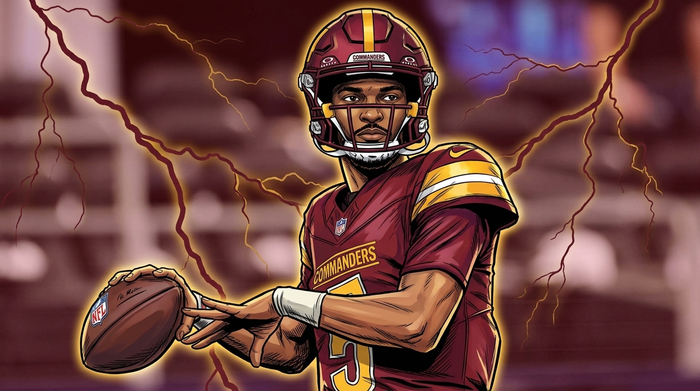 Comic-style illustrated portrait of Jayden Daniels in a Commanders burgundy jersey with gold shoulder stripes, a storm/lightning effect, and a blurred, near-empty stadium background.