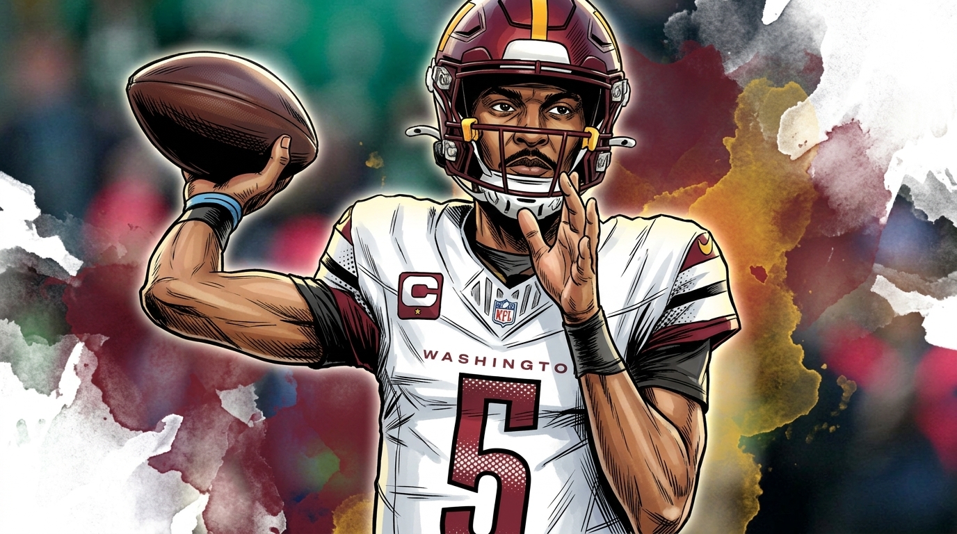 Comic-style illustration of Commanders quarterback Jayden Daniels in white road jersey mid-throw, maroon and gold color wash background