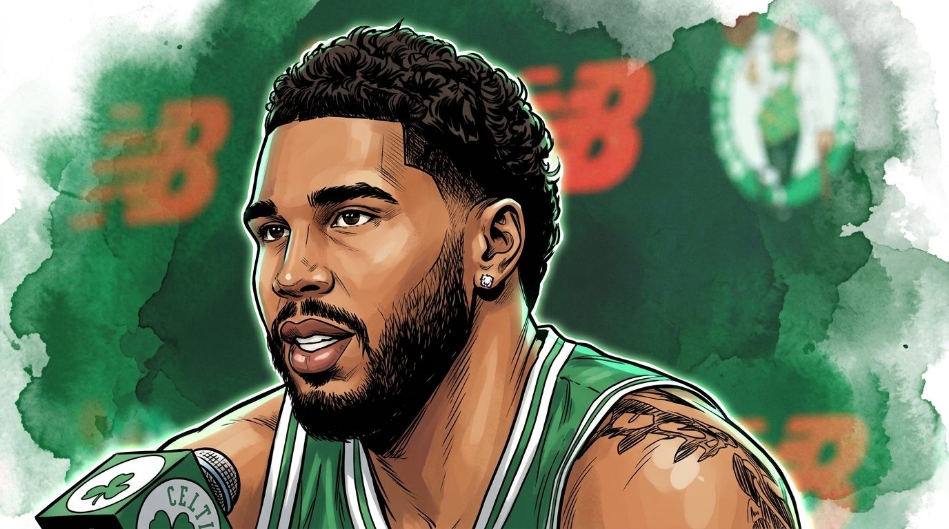 Comic-style illustration of Jayson Tatum in a green Celtics jersey speaking into a Celtics-branded microphone, rendered with bold ink outlines and a green and white ink-wash watercolor bleed effect over a press backdrop