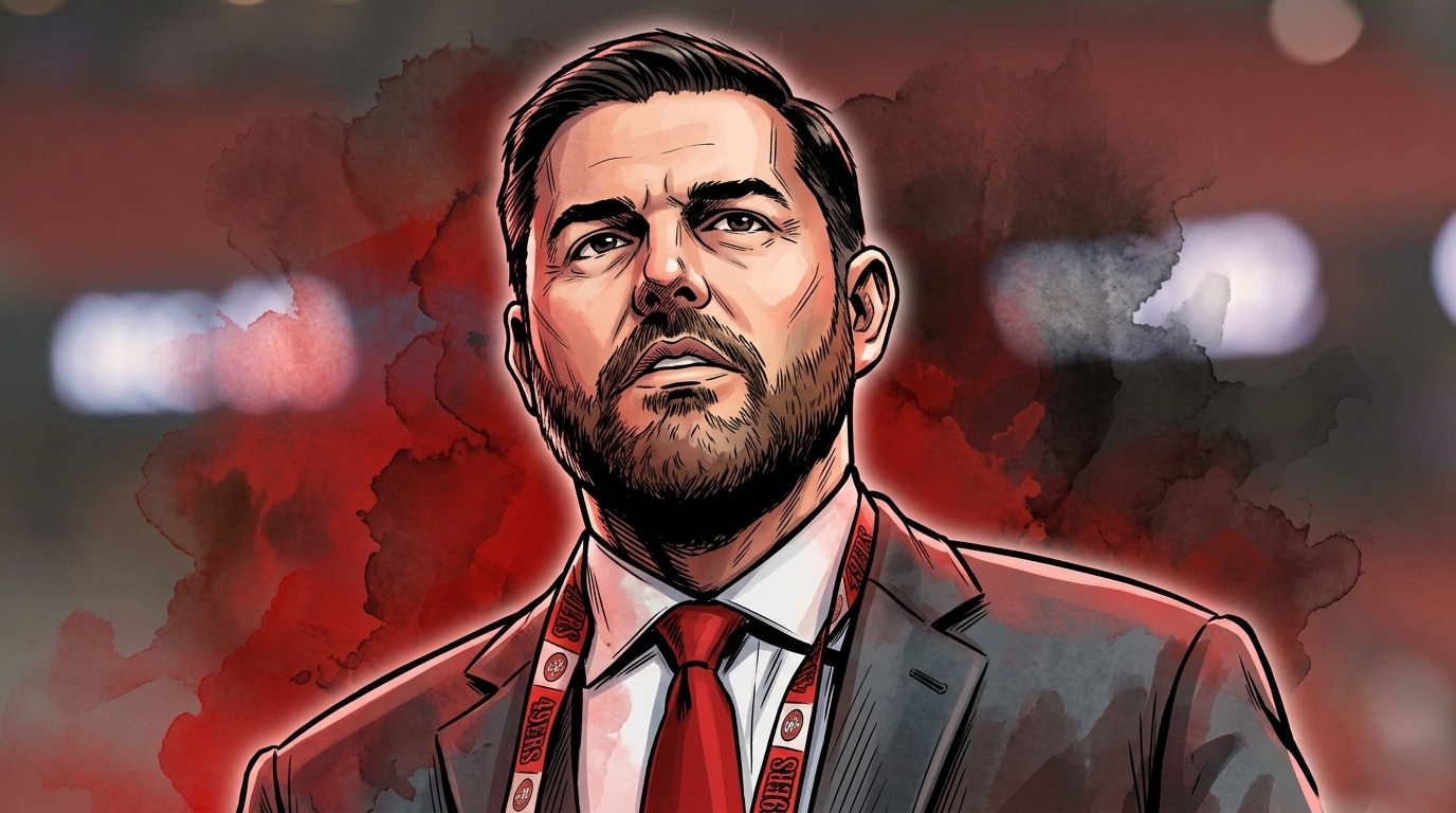 Comic-style ink-wash illustration of 49ers owner Jed York in a charcoal suit with a red 49ERS lanyard against a red watercolor-bleed stadium background